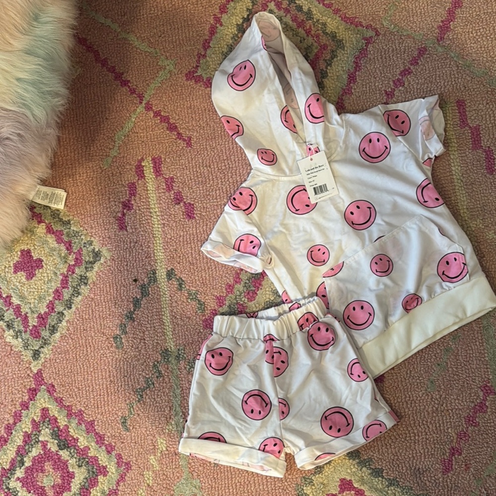 Pink Smiley Face Hoodie and Shorts Set. Lola and the Boys.